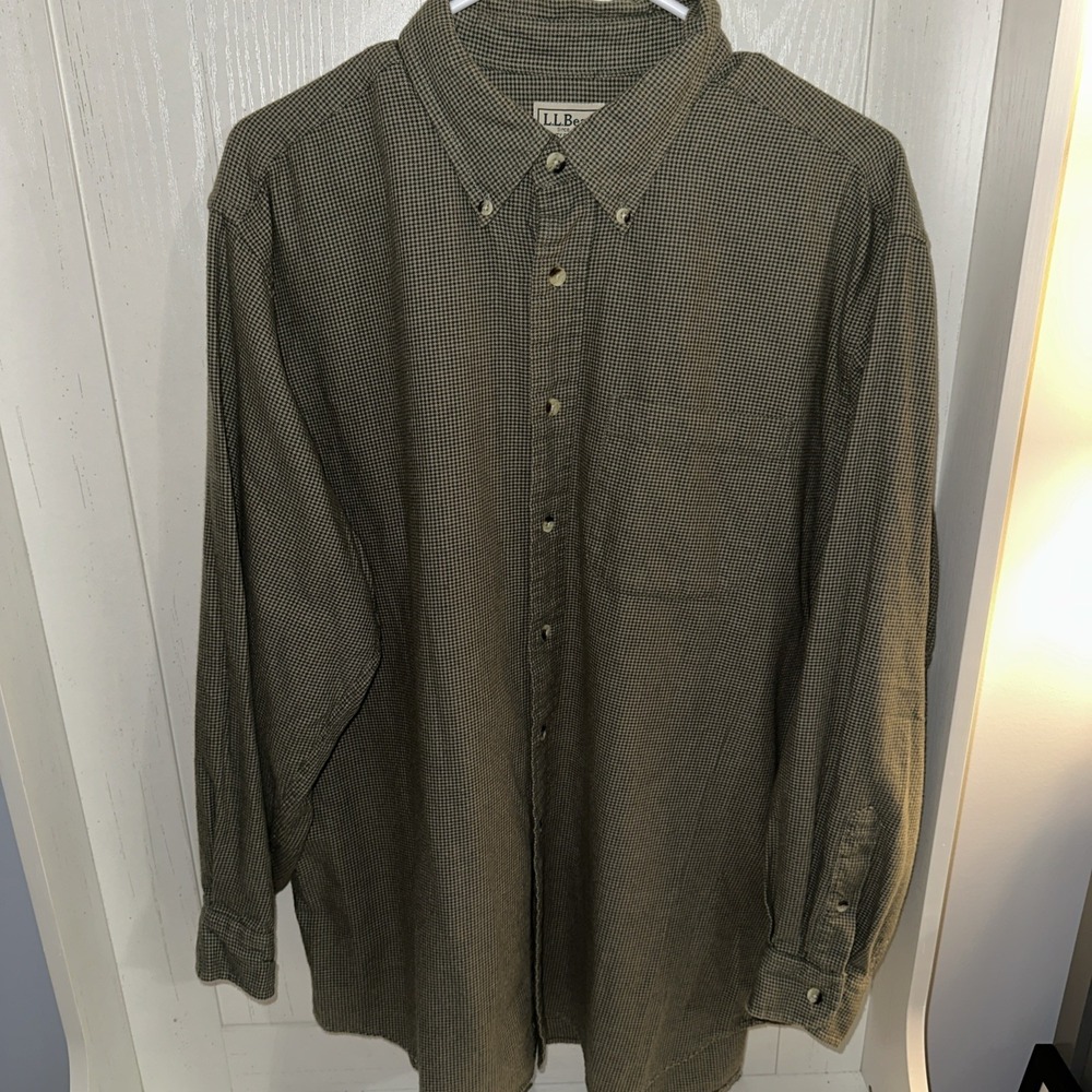 LL Bean Mens Green Houndstooth Button Down Flannel Shirt Large Wool Cotton